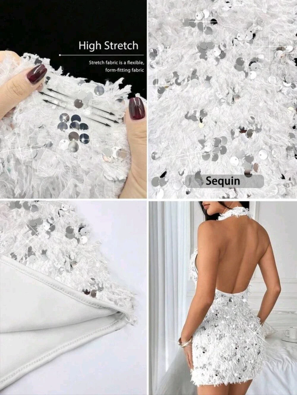 Almamuse Sequin Fringe Halter Bodycon Mini Dress
